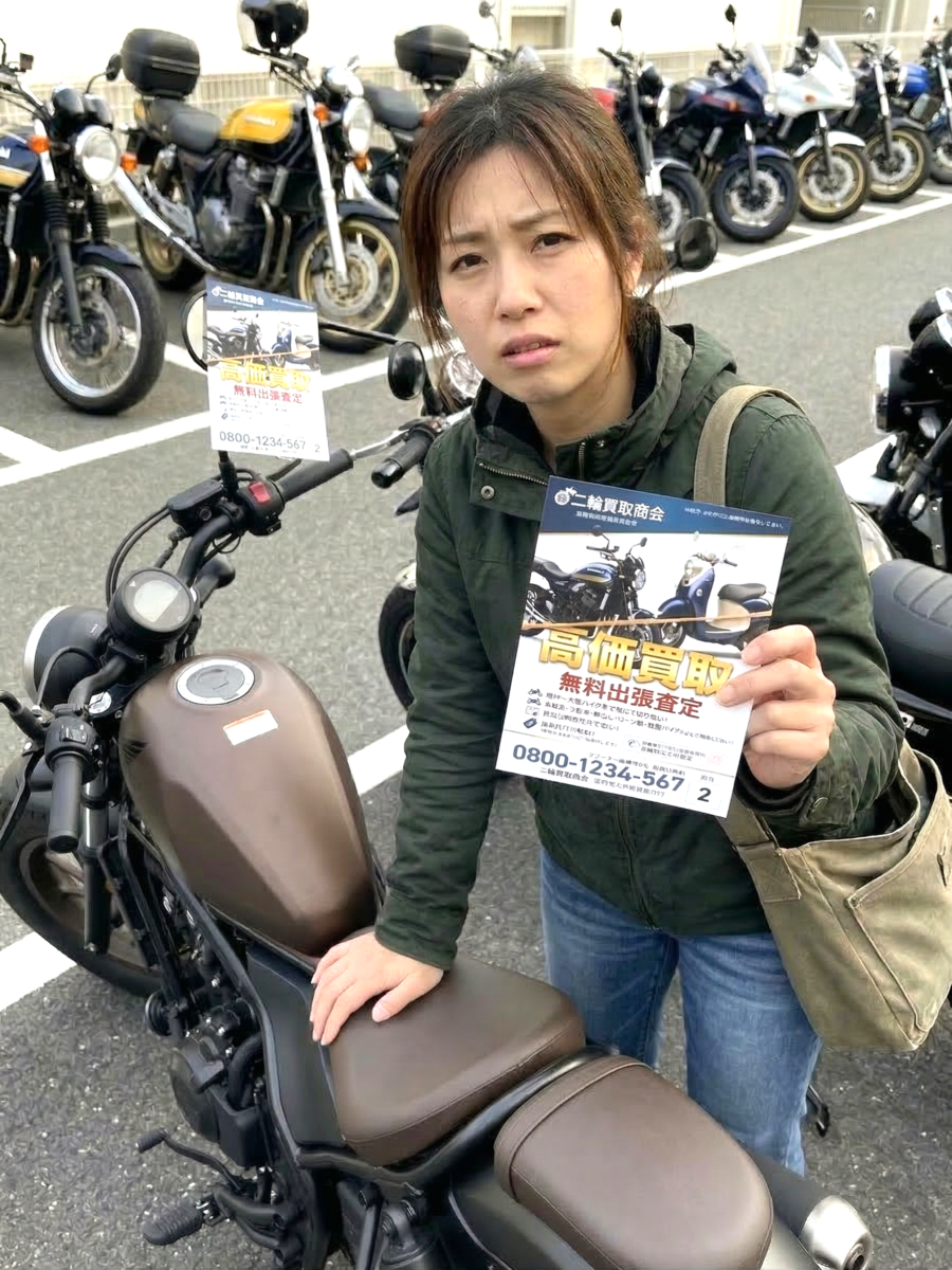 バイクに貼られたチラシを持つ女性