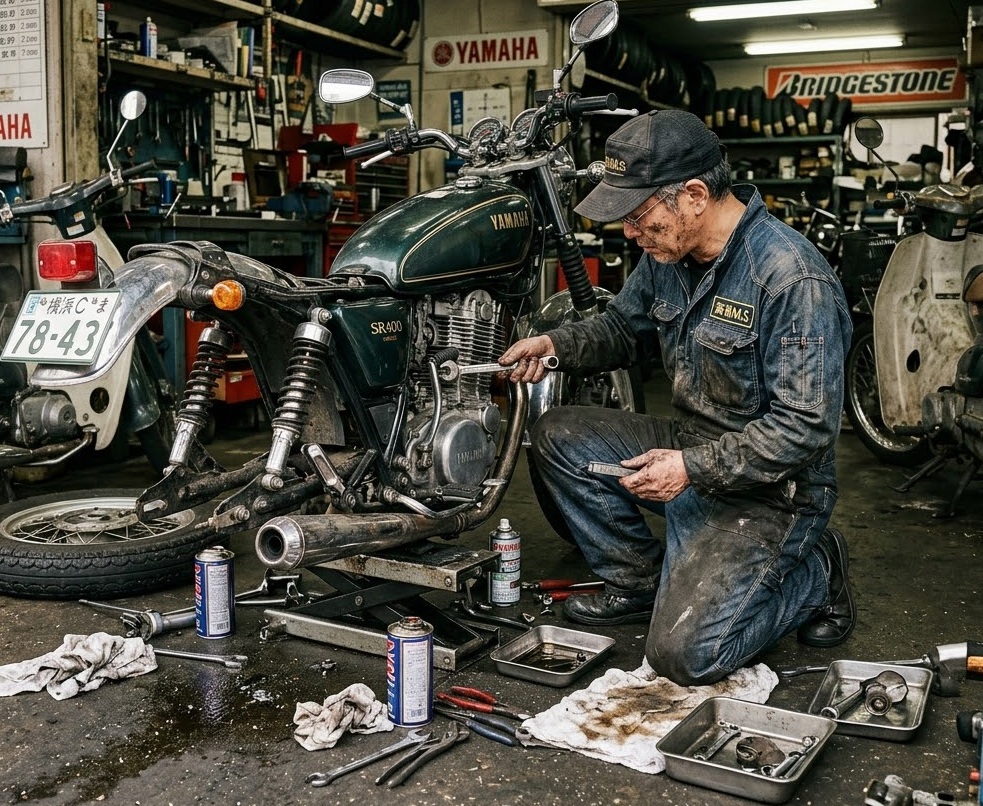 バイクの点検をする作業着を着た男性