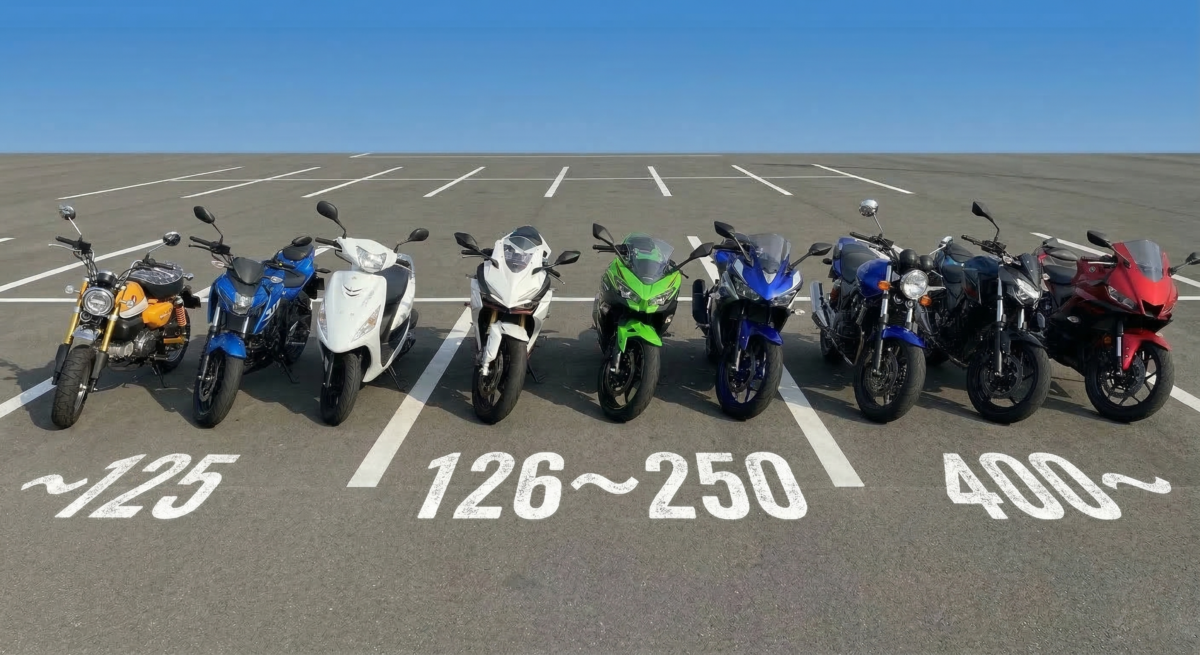 排気量が異なるバイクが並んでいる