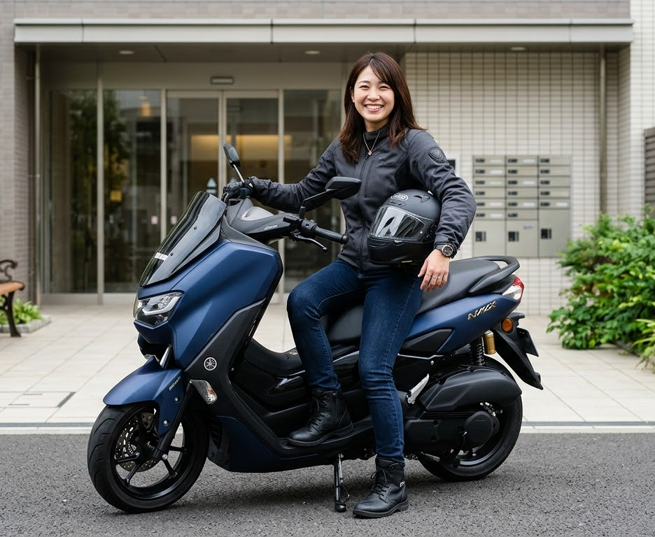 NMAX 125に腰をかけて微笑む女性