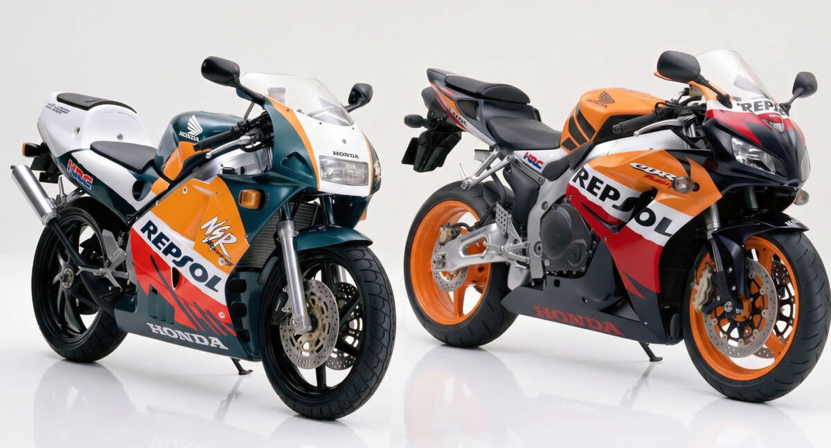 スーパースポーツバイクとレーサーレプリカが並んでいる様子