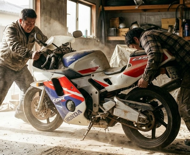 埃が舞うガレージの中で、古いバイクを押し動かしている2人の男性