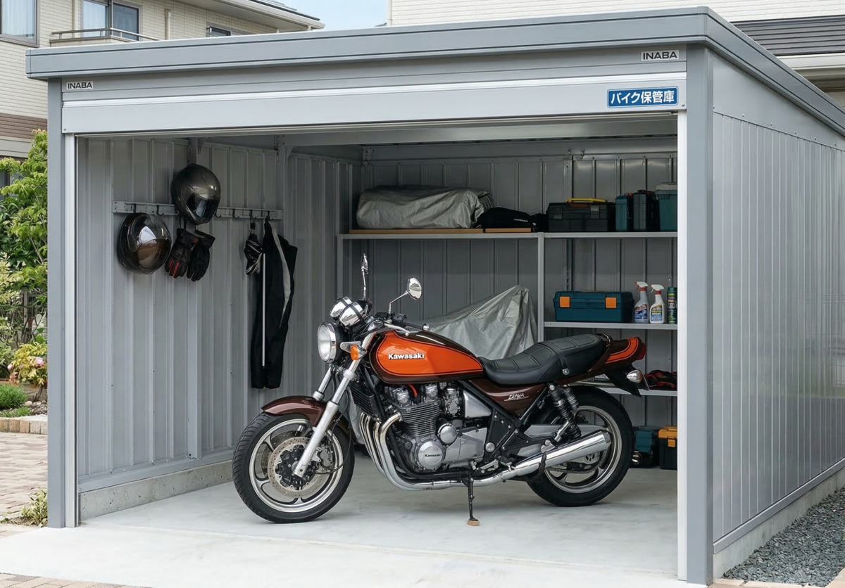 バイク保管庫の中に止められているバイク