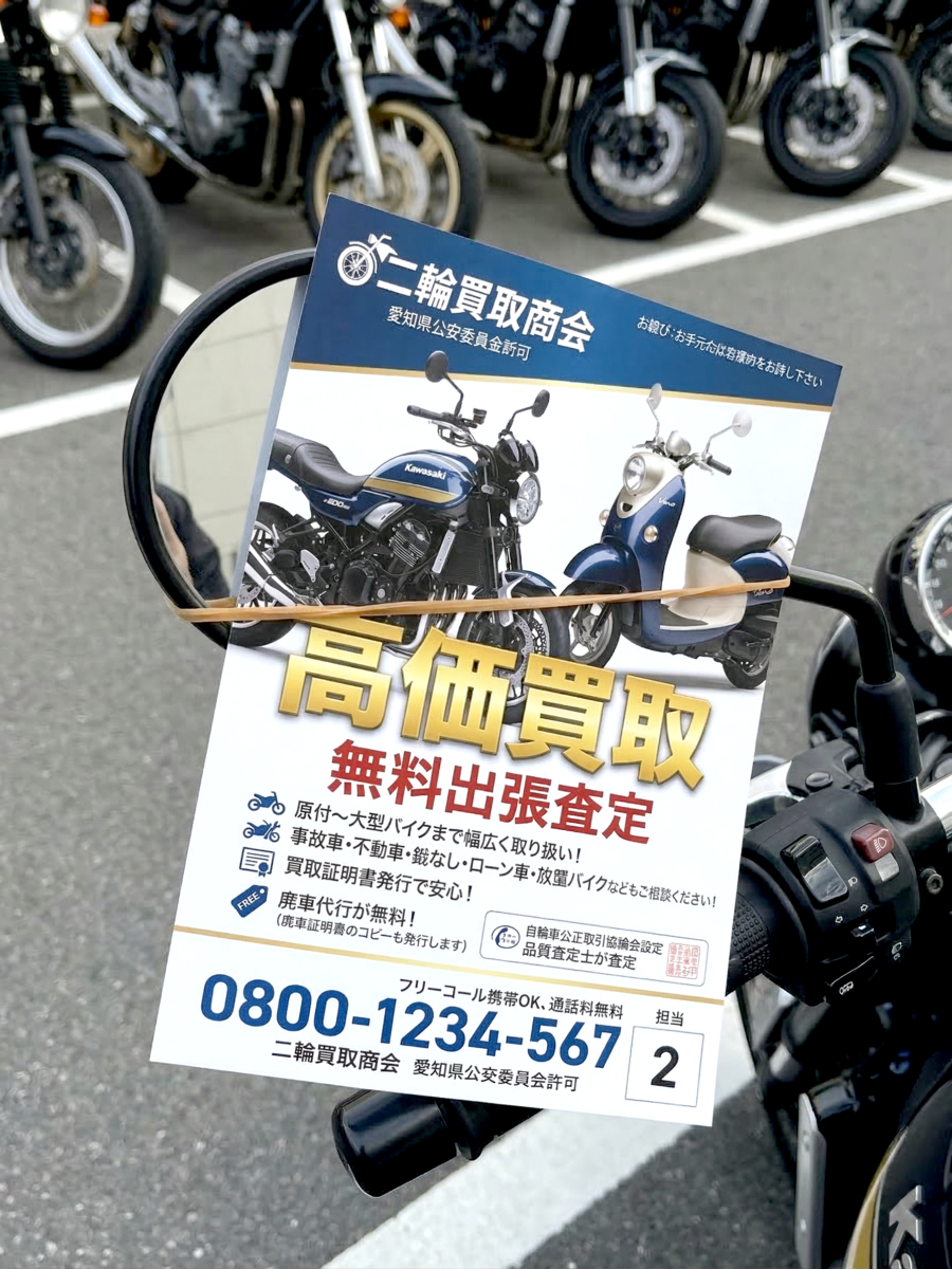 チラシが貼られたバイク