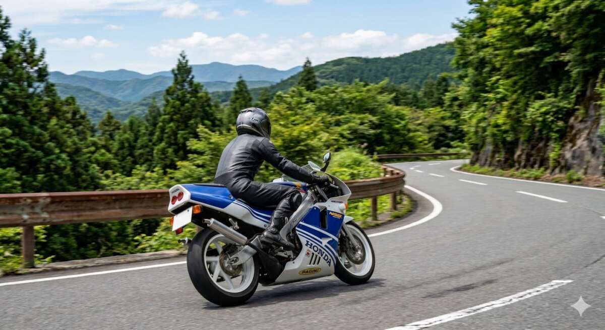緑豊かな山道をツーリングしている様子