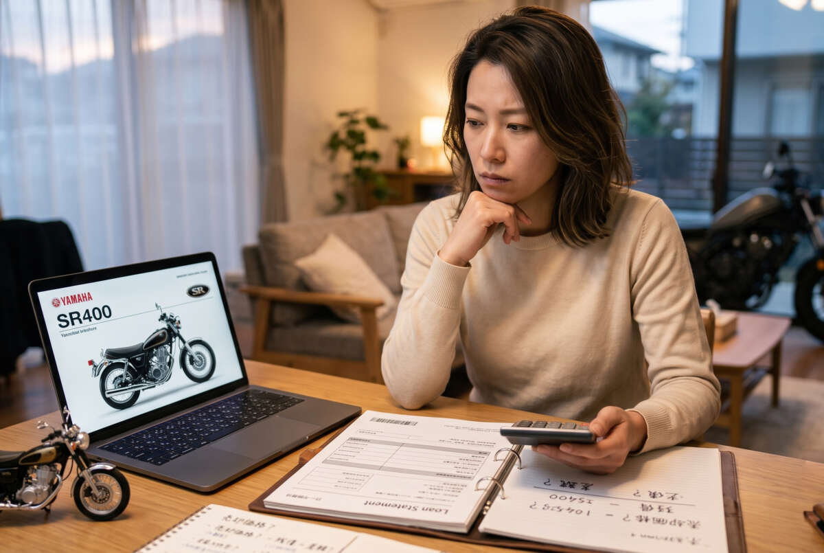 バイクと首をかしげる人物