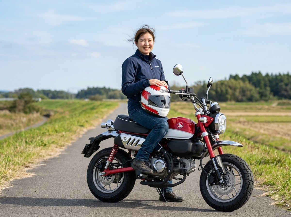 モンキー125にまたがり微笑む女性
