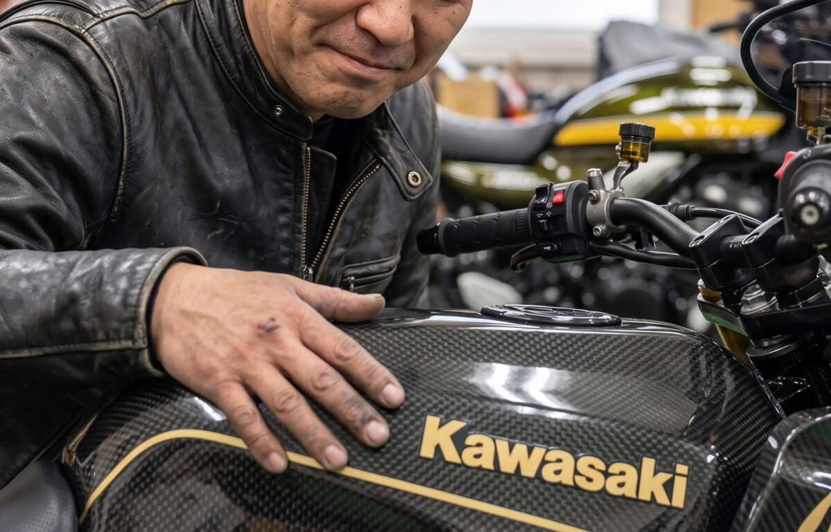 バイクのタンクを触っている男性