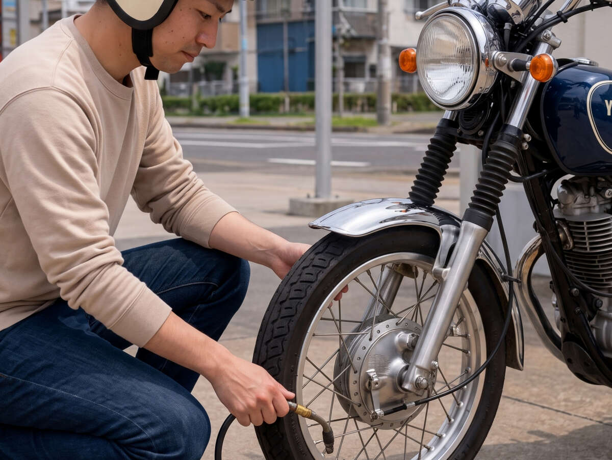 バイクをメンテナンスしている様子