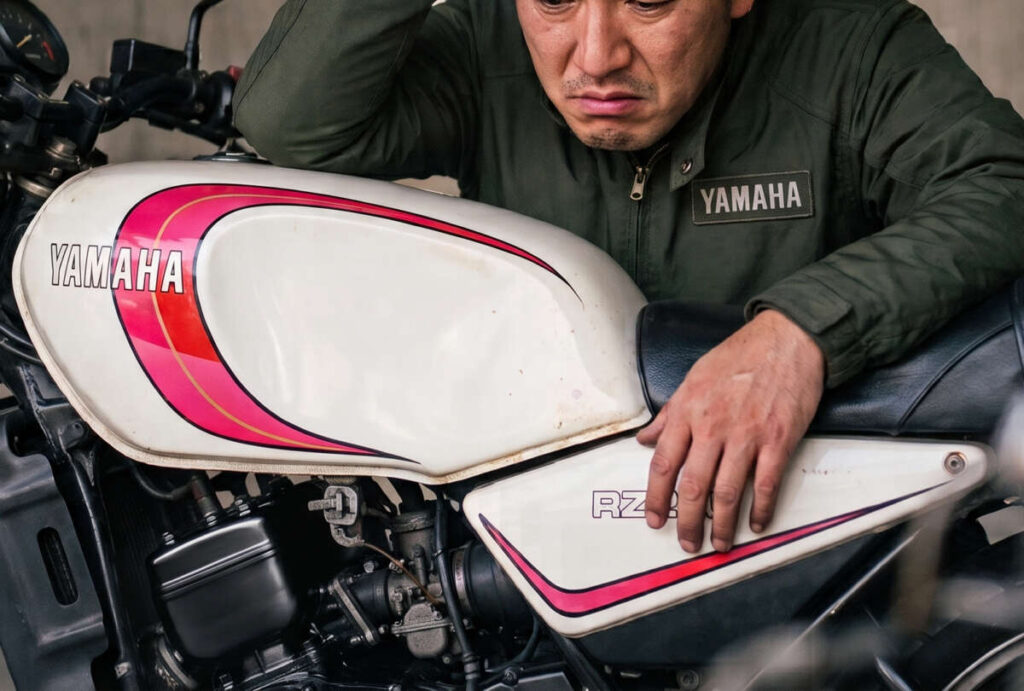 古いバイクを見ている人