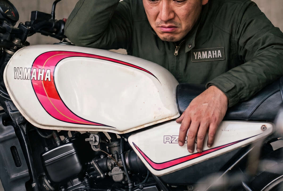 古いバイクを見ている人