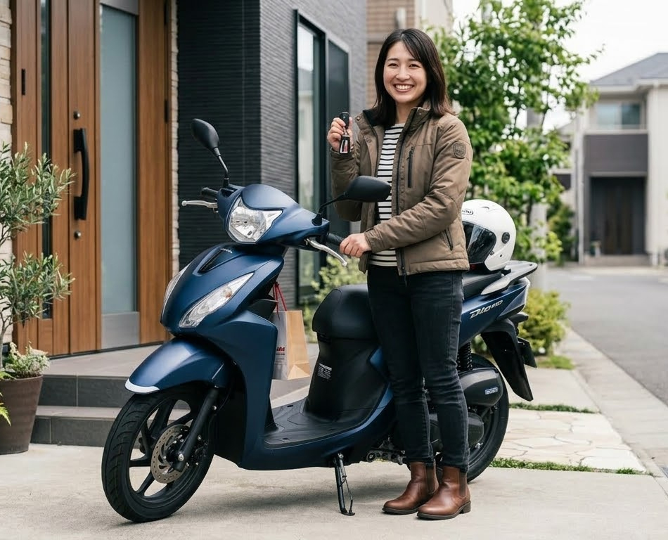 玄関前でディオ110の横に立ち微笑む女性