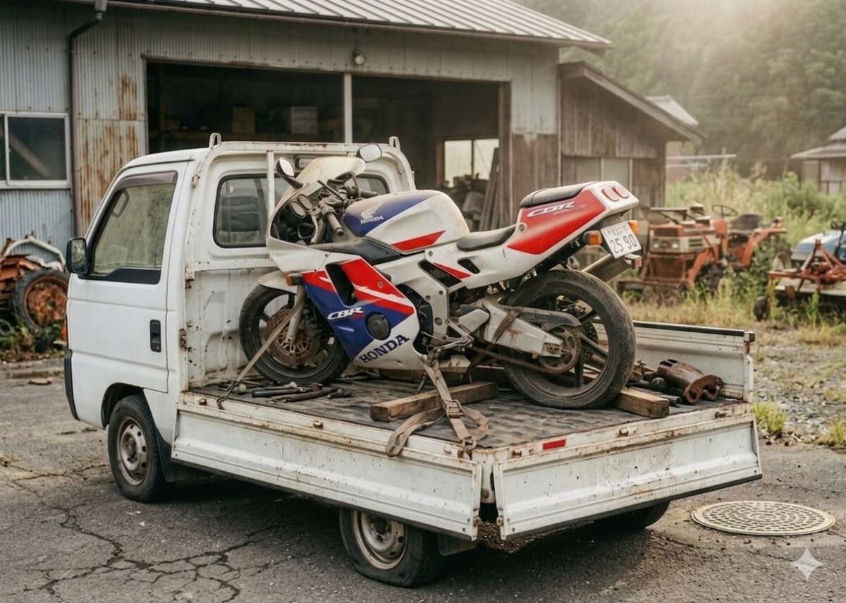 軽トラックの荷台に積まれた古いバイク