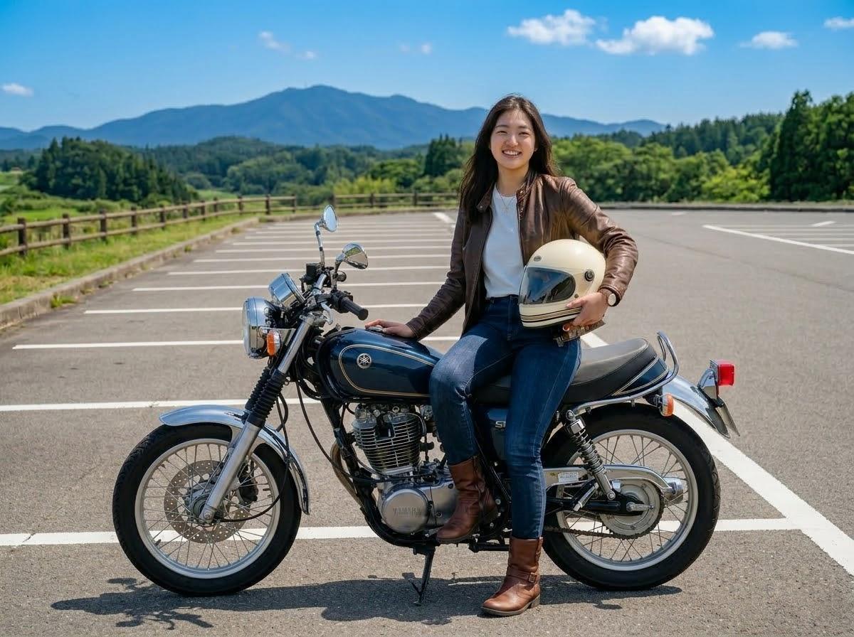 SR400に腰を掛けヘルメットを抱えて笑顔を見せる女性